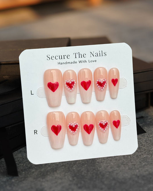 Cute Y2K Red Heart Pearl Ombre Valentine's Press-On Nails in Coffin Shape, Romantic Nail Design, Reusable & Long-Lasting | Secure The Nails