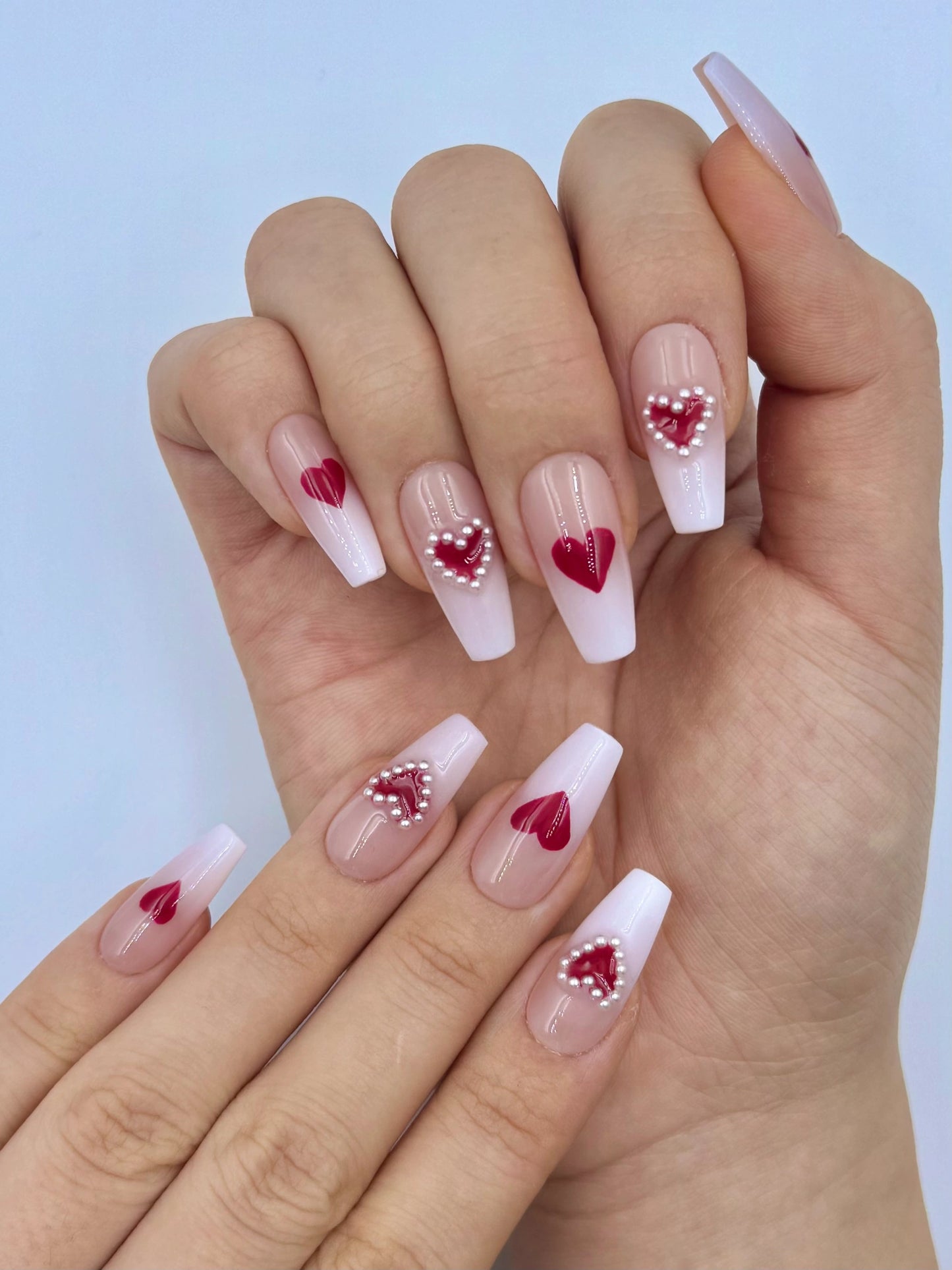 Cute Y2K Coffin Shape Red Heart with Pearl Nude Ombre Valentine's Press-On Nails, Romantic Nail Art Design, Reusable & Long-Lasting | Secure The Nails