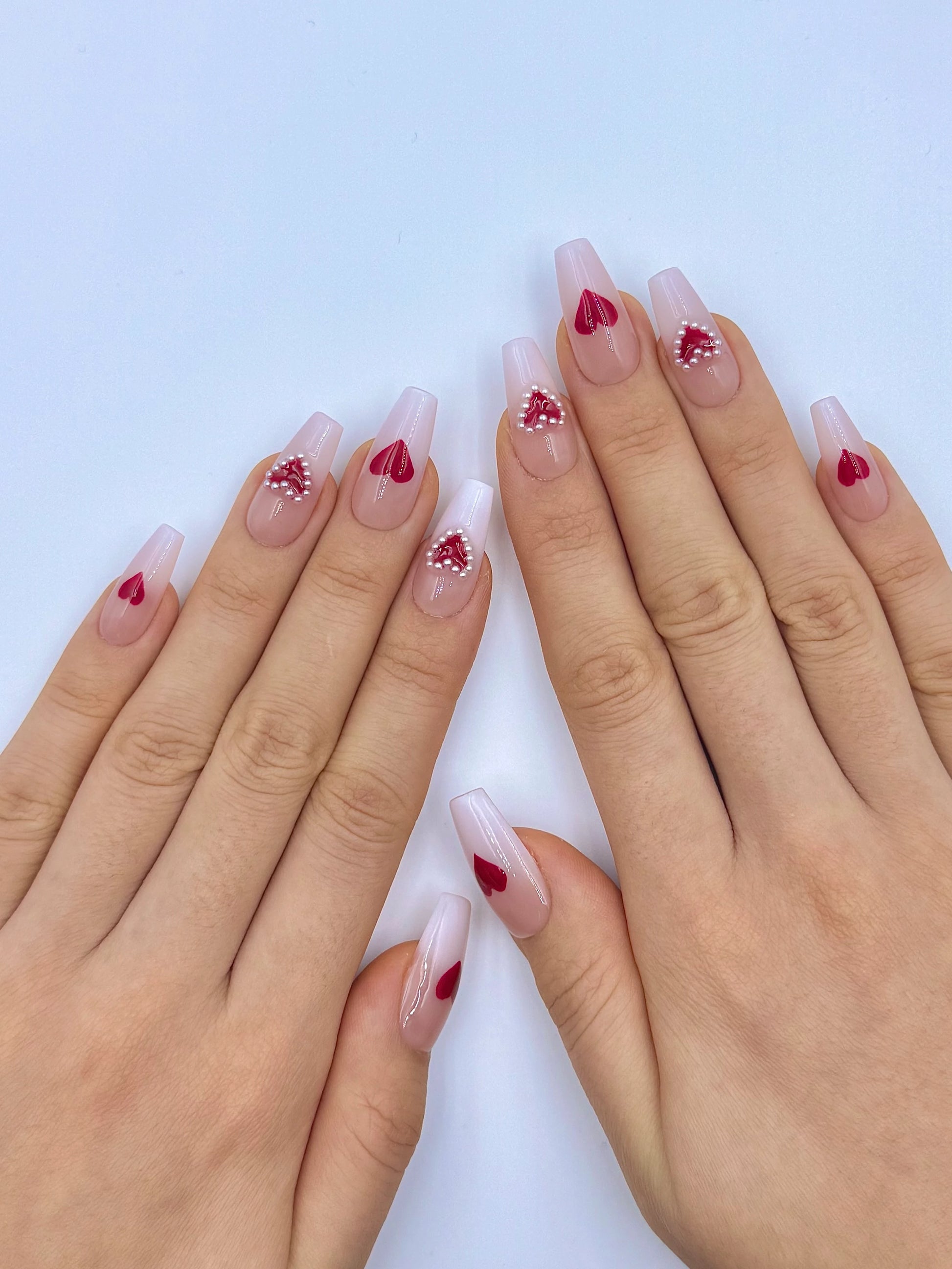 Cute Romantic Coffin Ombre Valentine's Press-On Nails with Red Hearts and Pearls, 2026 Nail Art Design, Reusable & Long-Lasting False Nail| Secure The Nails