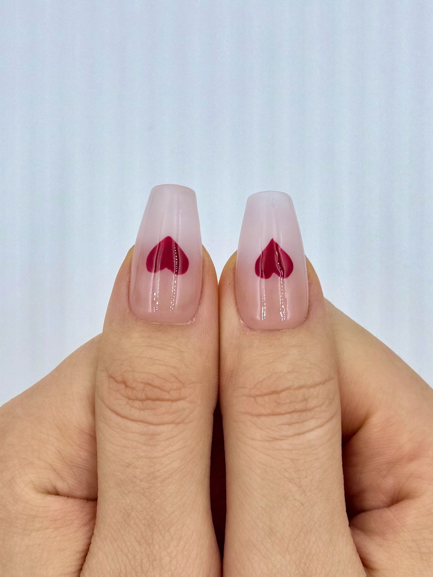 Cute Romantic Coffin Nude Ombre Valentine's Press-On Nails with Red Hearts and Pearls, Reusable & Long-Lasting False Nail, 2026 Y2K Nail Art Design | Secure The Nails