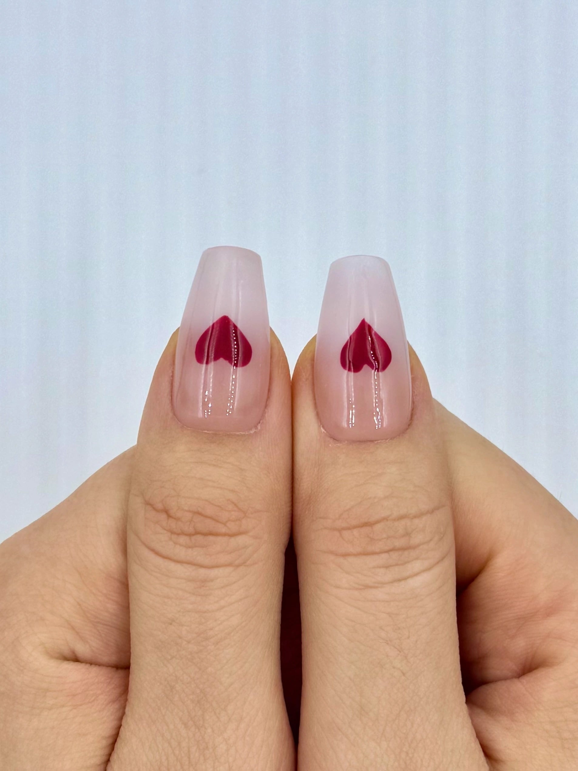 Cute Romantic Coffin Nude Ombre Valentine's Press-On Nails with Red Hearts and Pearls, Reusable & Long-Lasting False Nail, 2026 Y2K Nail Art Design | Secure The Nails