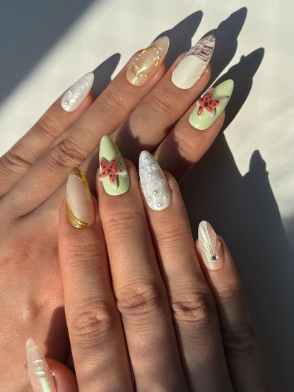 Shimmery Peach Tan Mint Green Pearl Almond Press-On Nails with 3D Gel Starfish and Gold Chrome