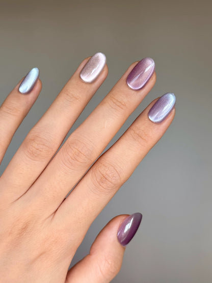 Glowy Muted Purple Cat-Eye Color Combo Oval Round Press-On Nails