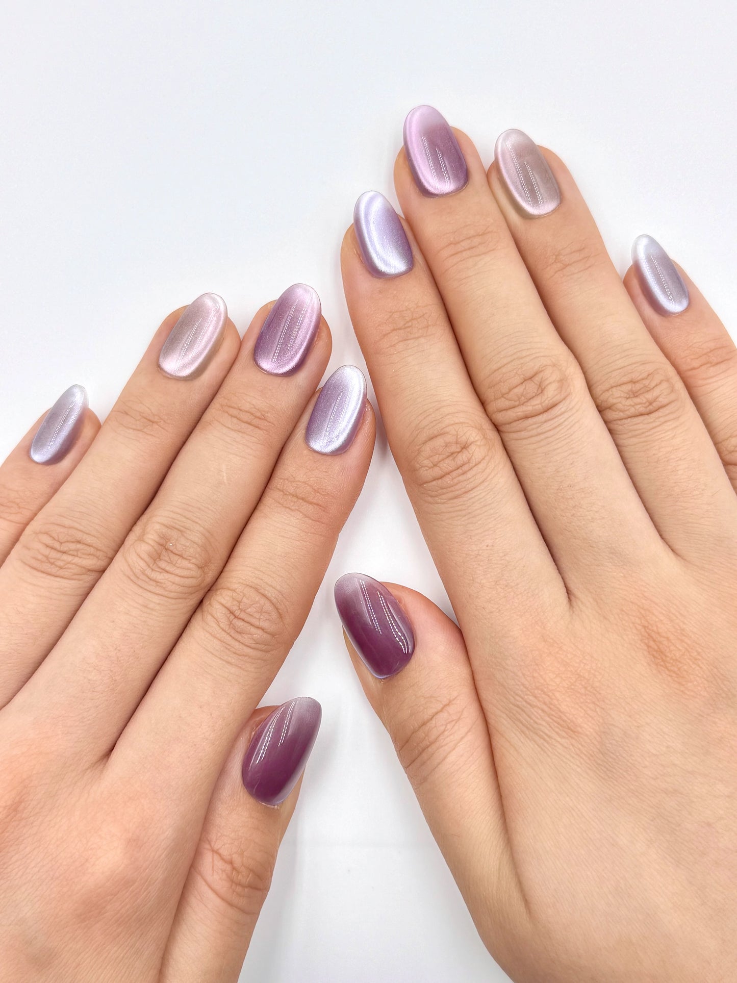 Glowy Muted Cat-Eye Color Combo Oval Round Press-On Nails in Different Purple Shades