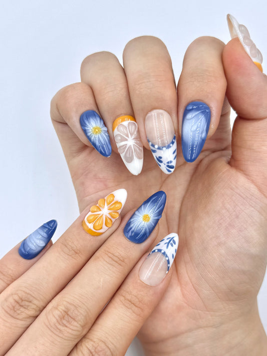 3D Gel Orange Blue Mediterranean Pattern Tropical Almond Press-On Nails