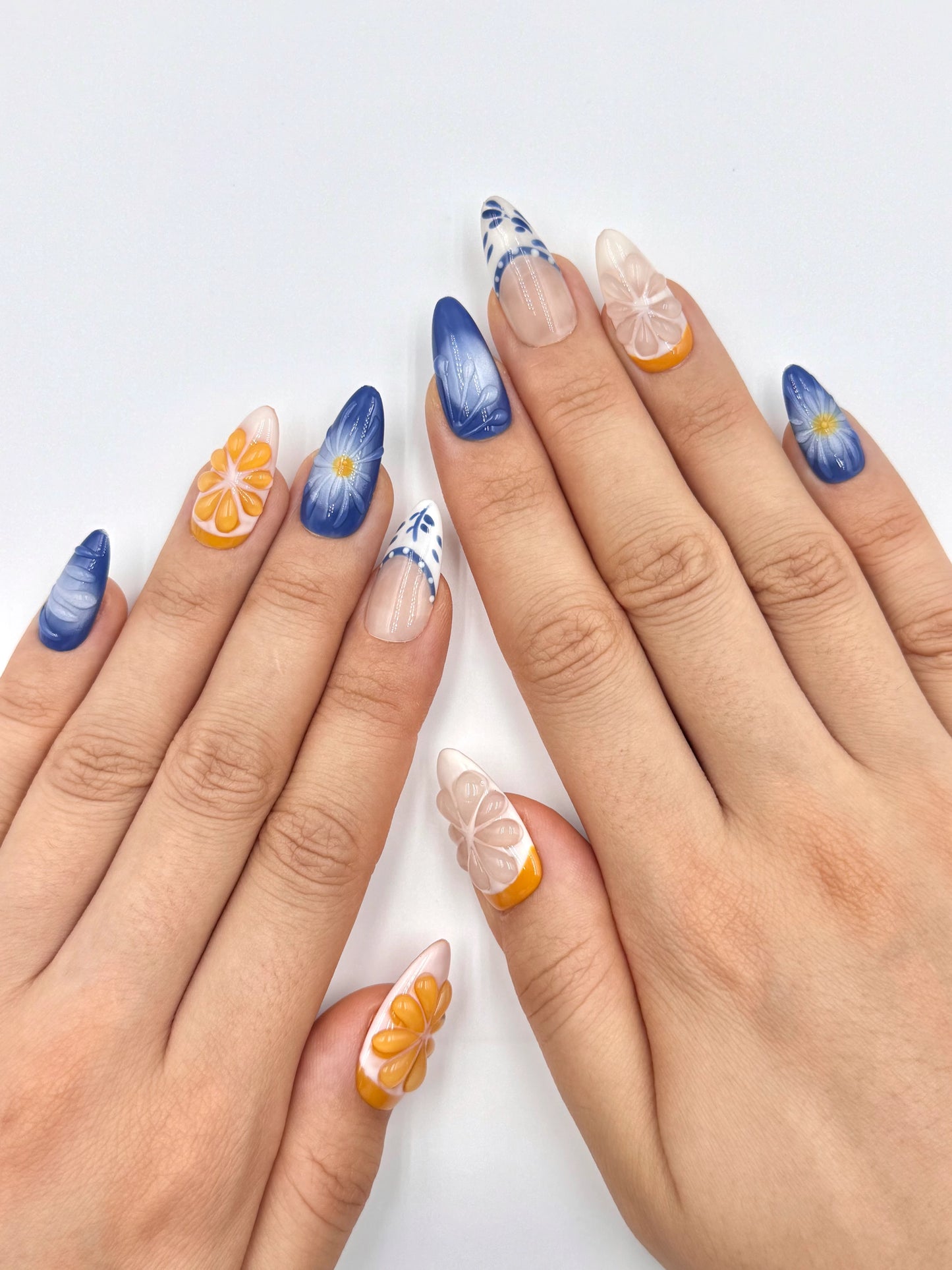 Blue Mediterranean Style Tropical Almond Press-On Nails with 3D Citrus Orange Detail