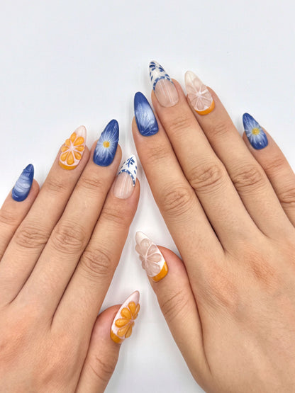 Blue Mediterranean Style Tropical Almond Press-On Nails with 3D Citrus Orange Detail
