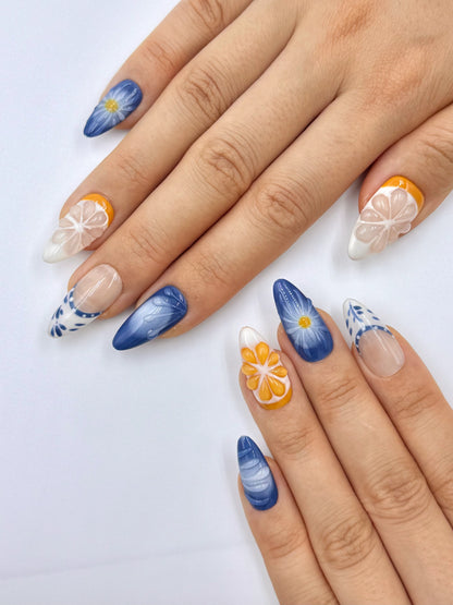 Blue Europe Holiday 3D Orange Almond Press-On Nail