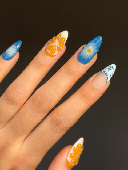 Blue Mediterranean Pattern Almond Press-On Nail with Realistic 3D Gel Orange Detail