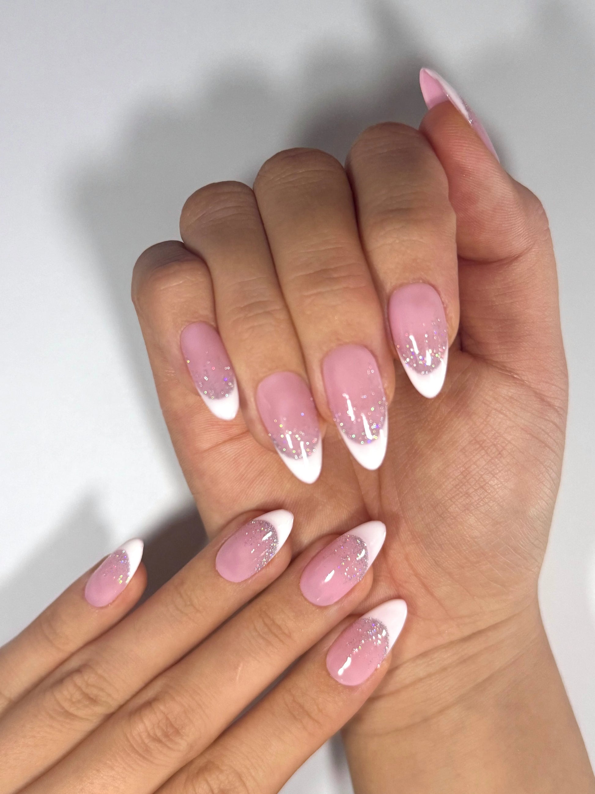 Pink Nude Almond French Tip Dripping Glitter Press On Nails for Date Night, Reusable Long-lasting | Secure The Nails