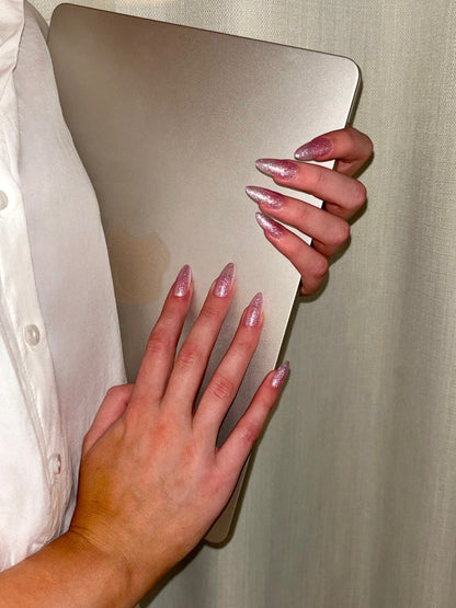Girly Pink Glitter Shimmer Sheer Glass Press On Nails, Reusable Long-lasting Easy to Apply | Secure The Nails