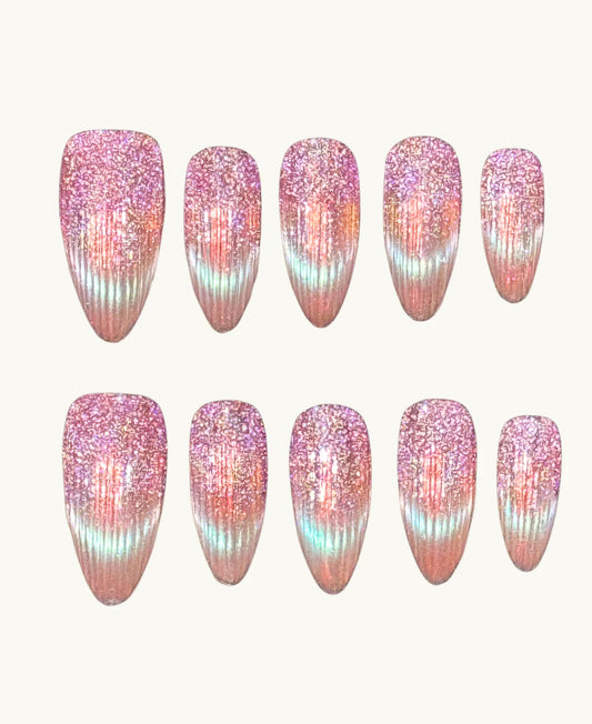 Mermaid Tail long almond press-on nails on a clean background