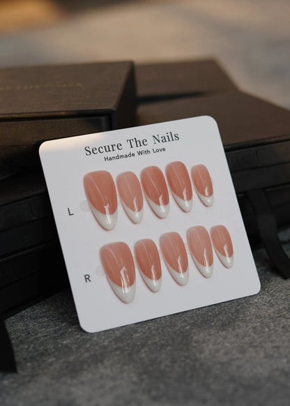 Almond Classy Elegant Nude French Tip Press-on Nails, High Quality and Reusable | Secure The Nails