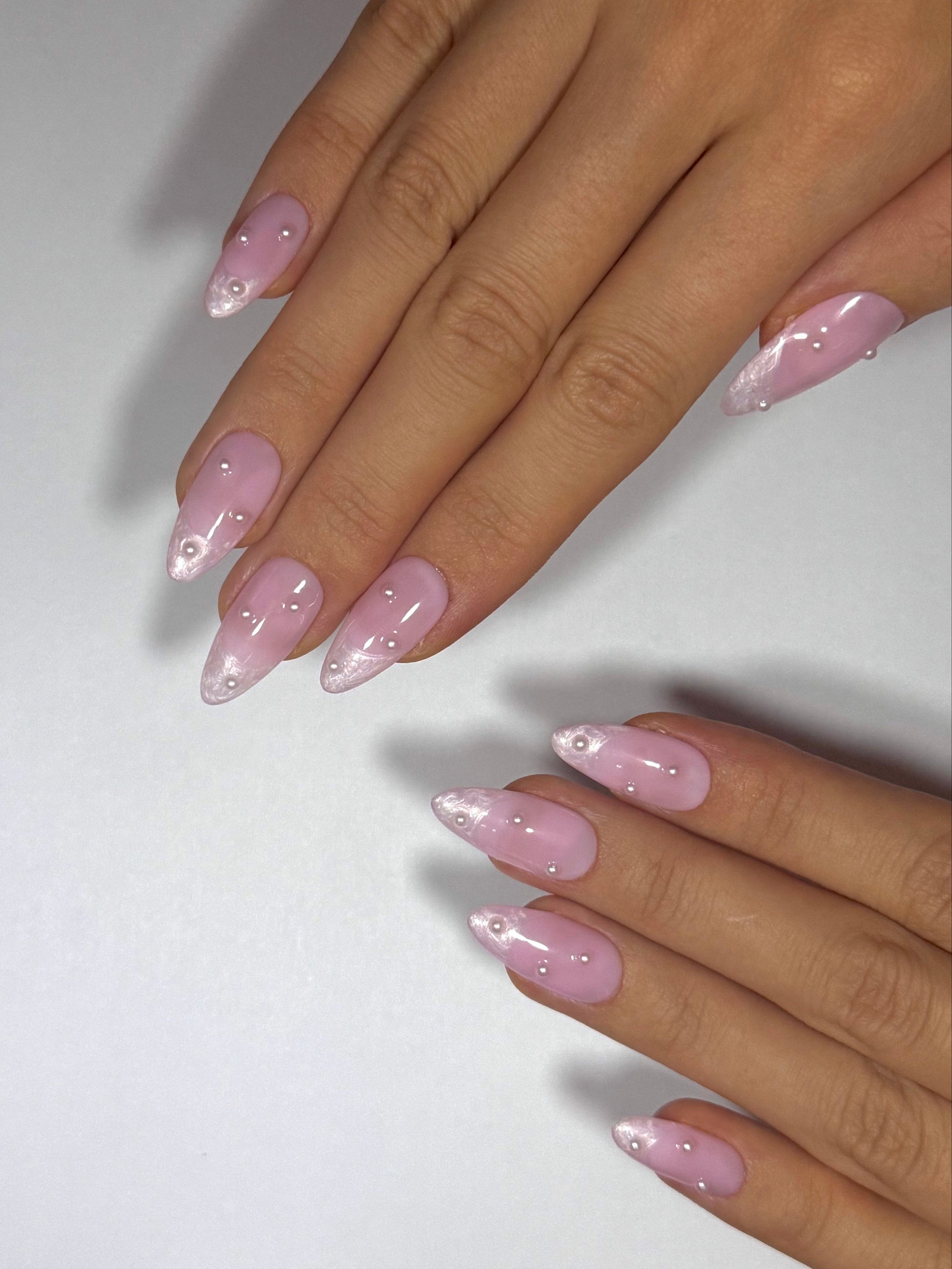 Pink Almond French Tip Press-on Nails with Pearl Swirl Blending, Reusable Long-lasting | Secure The Nails
