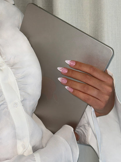 Pink Nude Almond French Tip Press-on Nails with Dripping Glitter, Reusable Long-lasting Easy to Apply | Secure The Nails