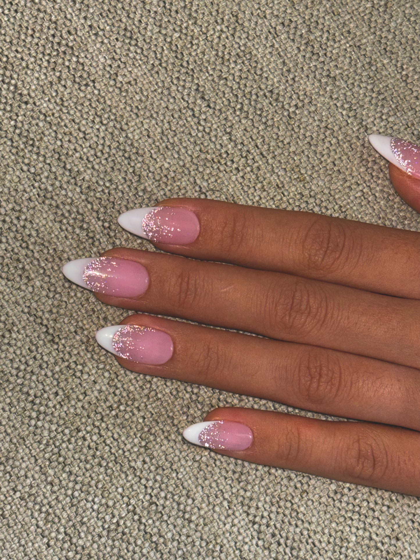 Pink Nude Almond French Tip Press-on Nails, Glitter Bridal Girly Nails, Reusable Long-lasting | Secure The Nails