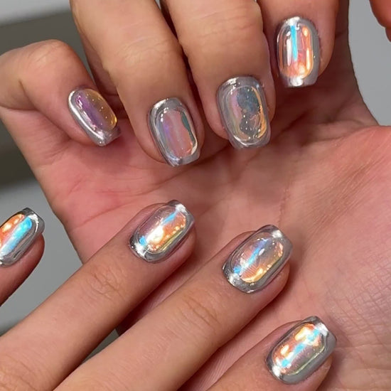 Viral Futuristic Silver Chrome Mirror Glass Iridescent Holographic Foil Press-On Nails in Short Square, Reusable & Long-Lasting False Nail, 2026 Trendy Nail Art Design | Secure The Nails