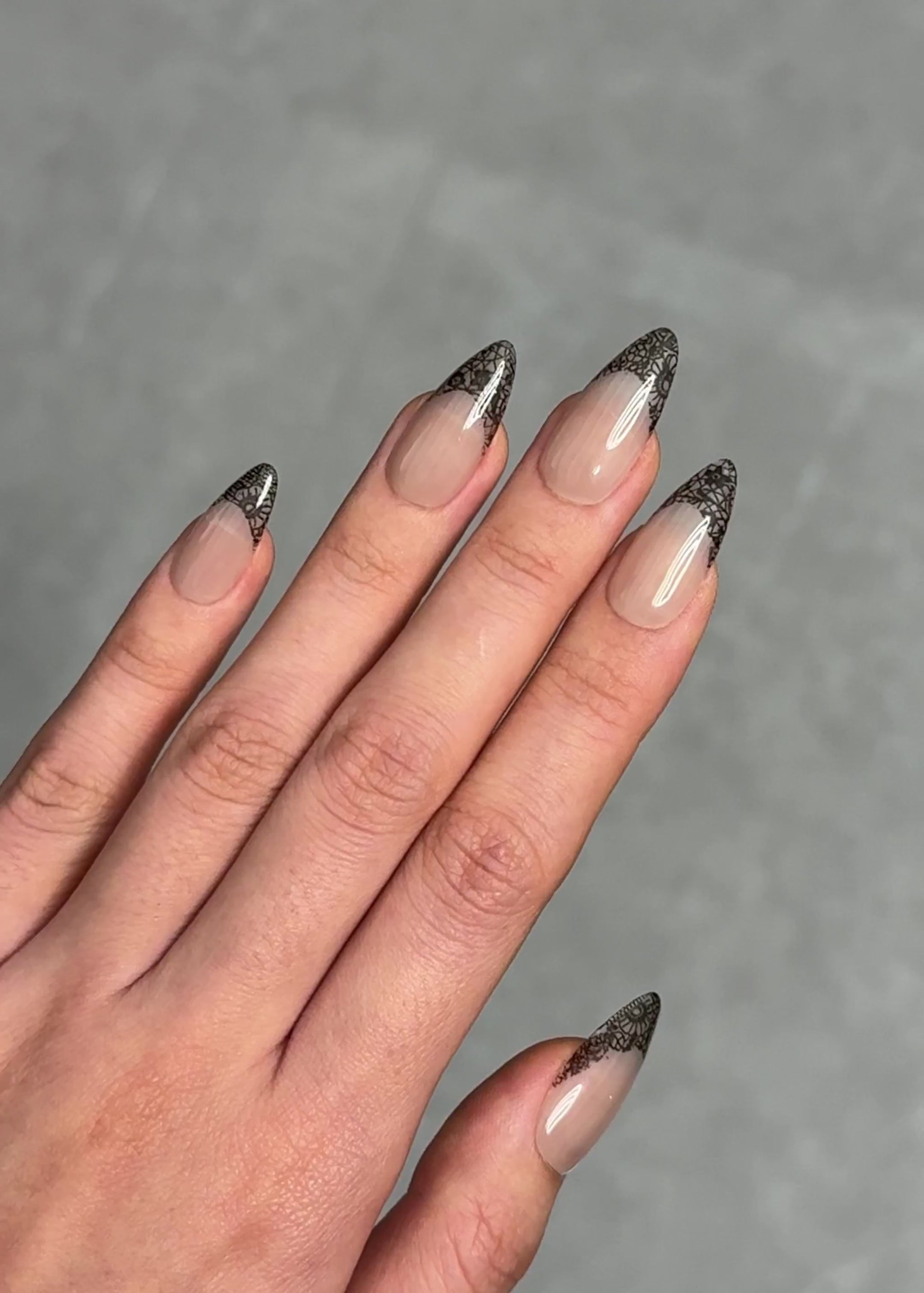 Unique Sexy Valentine's Black Lace Nude French Tip Almond Press-On Nails, Reusable & Long-Lasting False Nail, 2026 Nail Art Design | Secure The Nails