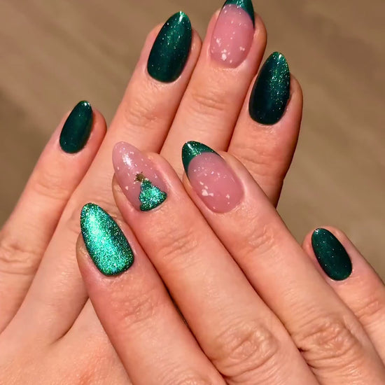 Emerald Deep Green Christmas Holiday Almond French Tip Reusable Press-On Nails with Tree Snow Star | Classy Elegant Winter Nail Art | Secure The Nails