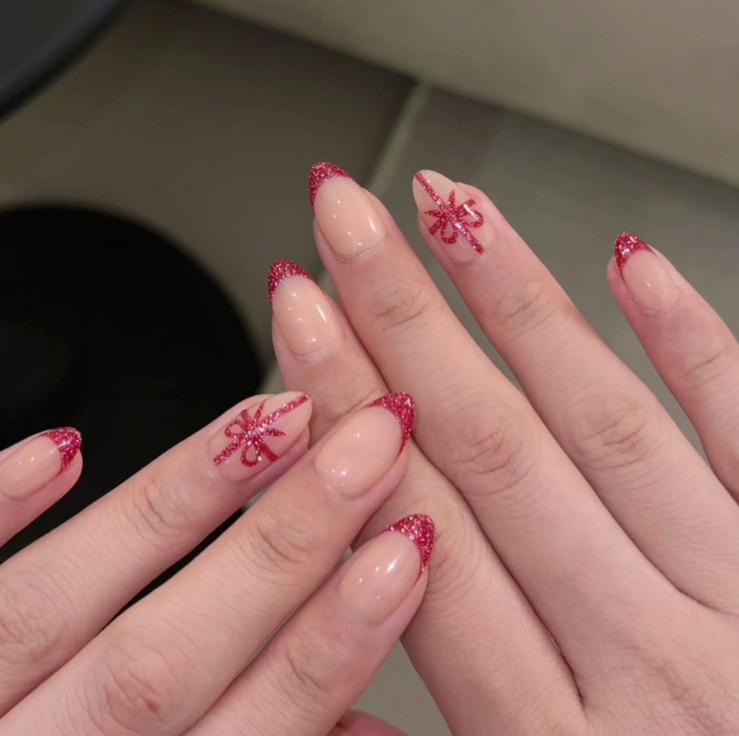 Flash Reflective Glitter Gel Red Short Almond Nude French Tip Holiday Press-On Nails with Ribbon Bow for Christmas | Secure The Nails