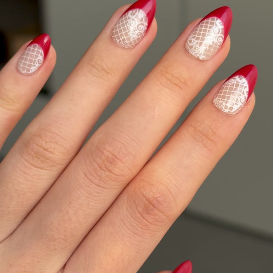 Unique Sexy Cute White Lace Red French Tip Short Almond Valentine's Press-On Nails, Reusable & Long-Lasting False Nails for Everyday Glam, 2026 Trendy Nail Design| Secure the Nails