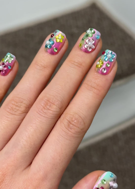 Kylie Jenner's Cute Colorful Floral Gem Nails with Pearl and Rainbow Chrome, Cute Short Press-On Nails for Spring & Summer, 2026 Nail Art Design| Secure The Nails
