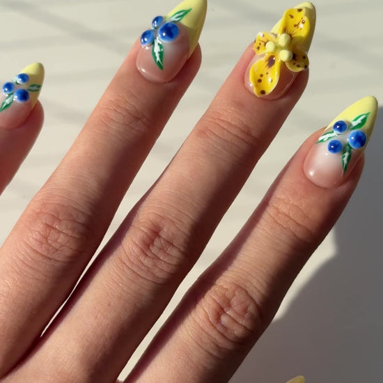 Nude Colorful French Tip 3D Gel Tropical Flower and Blueberry Nail Art Design Press-On Nails