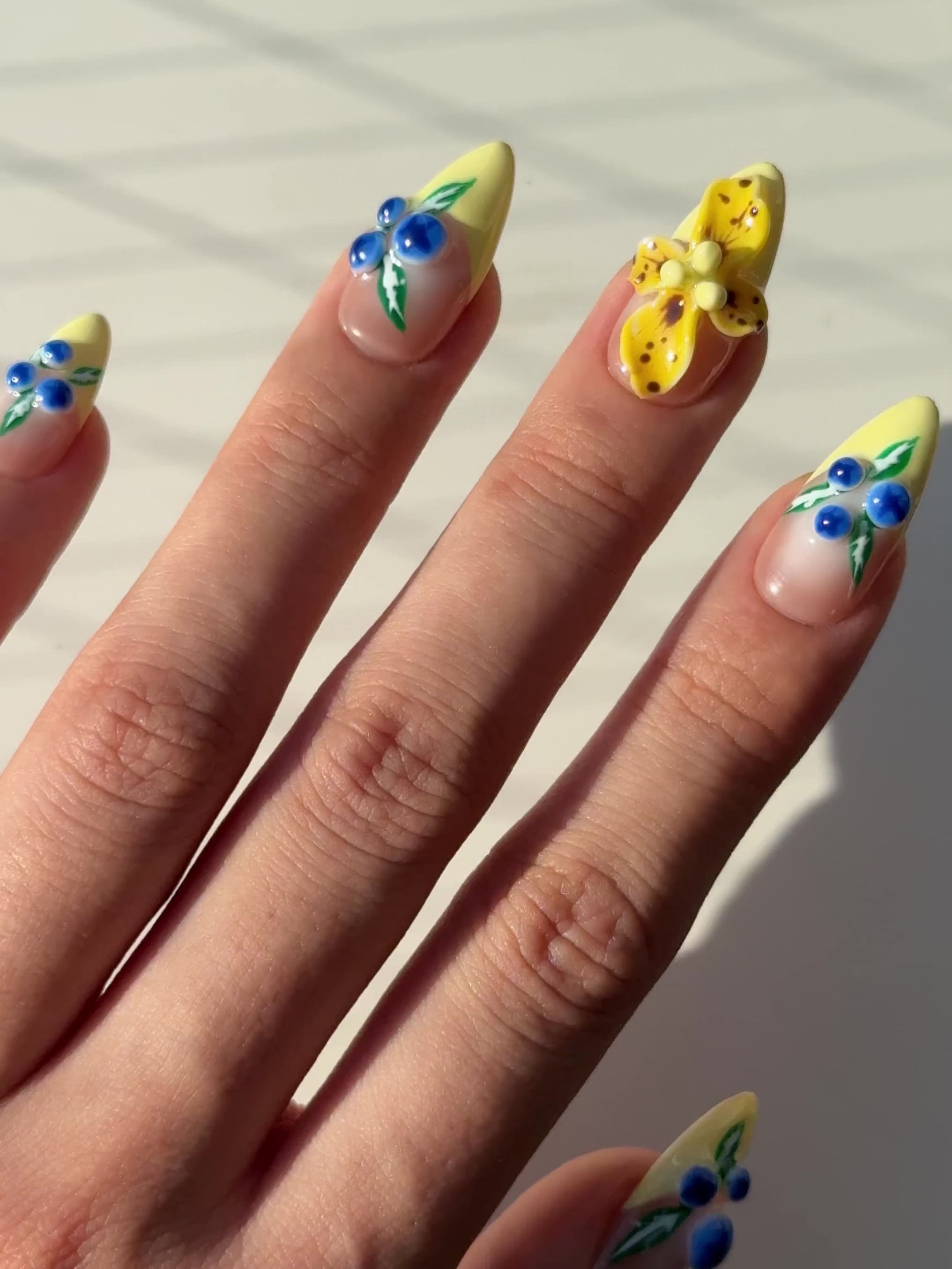 Nude Colorful French Tip 3D Gel Tropical Flower and Blueberry Nail Art Design Press-On Nails
