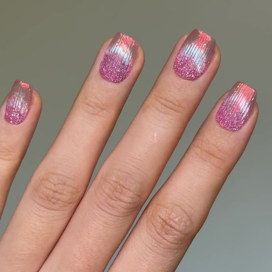 Handmade Mermaid Tail Pink Glitter French Tip Unique Glowy Cat-Eye Short Square Press-On Nail, 2026 Glass Nail Art| Secure The Nails Long-Lasting Press-Ons