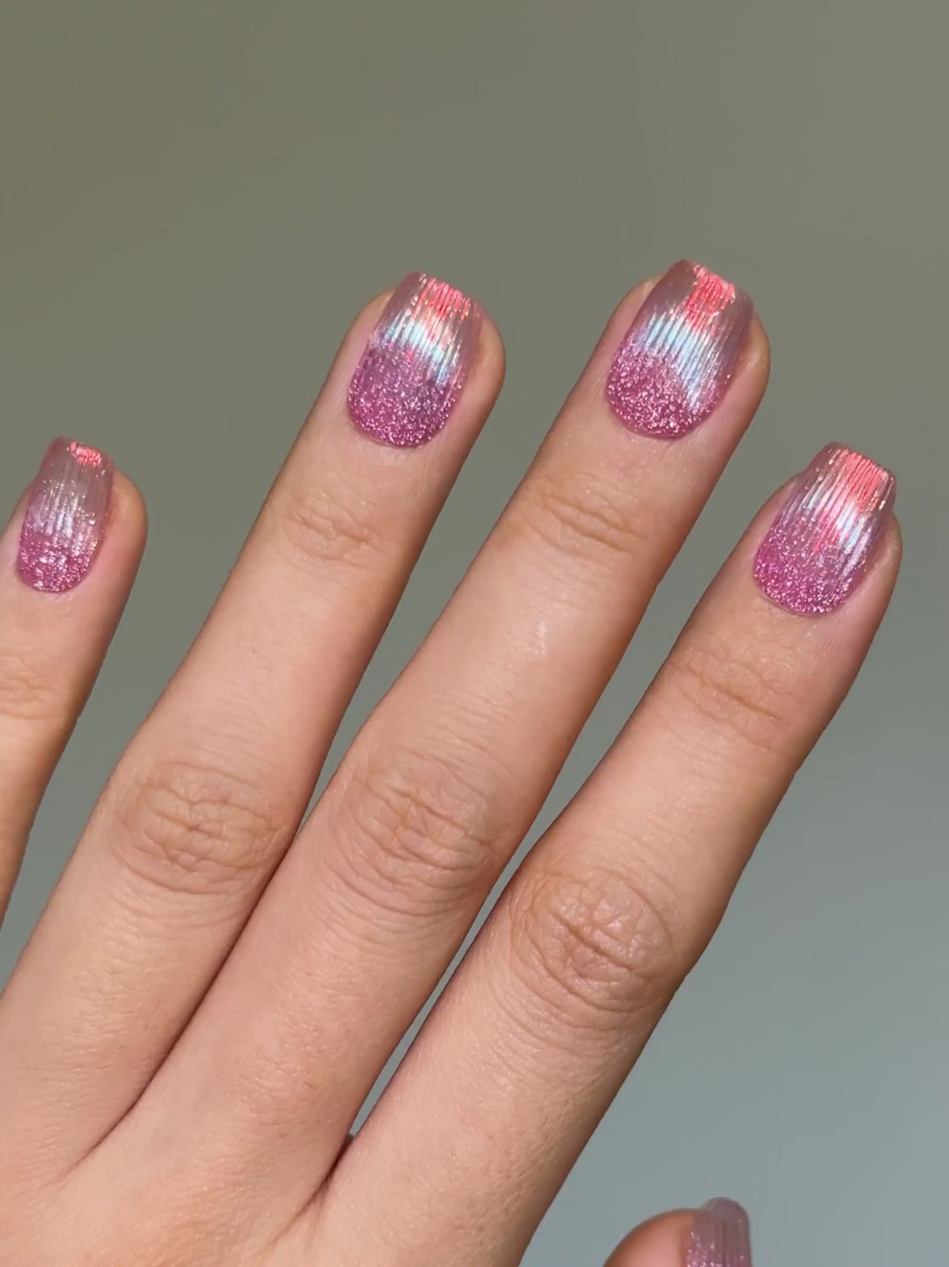 Handmade Mermaid Tail Pink Glitter French Tip Unique Glowy Cat-Eye Short Square Press-On Nail, 2026 Glass Nail Art| Secure The Nails Long-Lasting Press-Ons