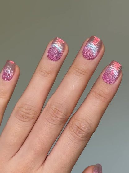Handmade Mermaid Tail Pink Glitter French Tip Unique Glowy Cat-Eye Short Square Press-On Nail, 2026 Glass Nail Art| Secure The Nails Long-Lasting Press-Ons
