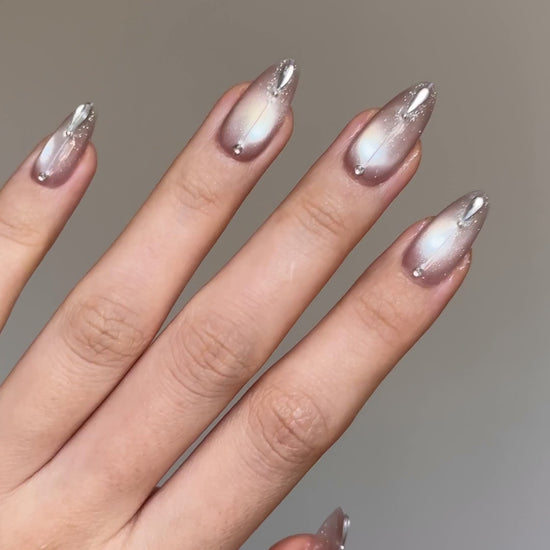 Crystal Dew Elegant Shimmery Glowy Nude Cat-Eye Almond Press-On Nails, Handmade Long-Lasting Reusable False Nail, 2026 Princess Nail Art Design| Secure The Nails