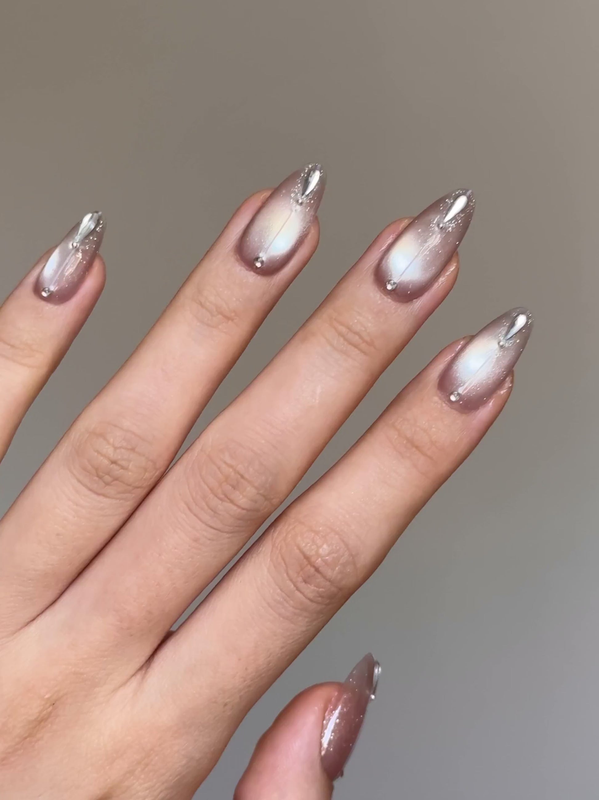 Crystal Dew Elegant Shimmery Glowy Nude Cat-Eye Almond Press-On Nails, Handmade Long-Lasting Reusable False Nail, 2026 Princess Nail Art Design| Secure The Nails