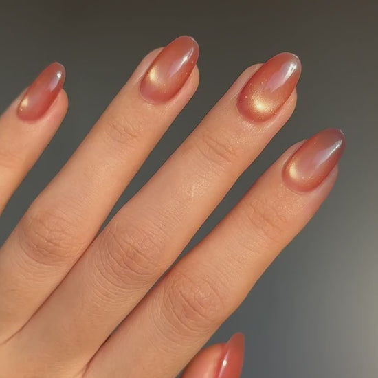 Simple Elegant Rose Gold Amber Cat-Eye Color Short Oval Press-On Nail, Long-Lasting Handmade Reusable Press-Ons |Secure The Nails