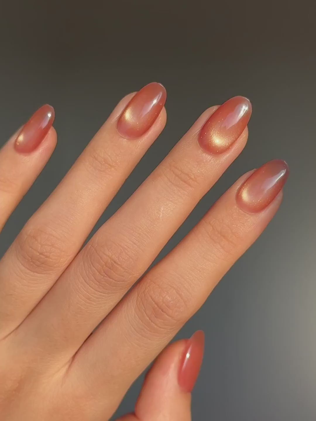 Simple Elegant Rose Gold Amber Cat-Eye Color Short Oval Press-On Nail, Long-Lasting Handmade Reusable Press-Ons |Secure The Nails