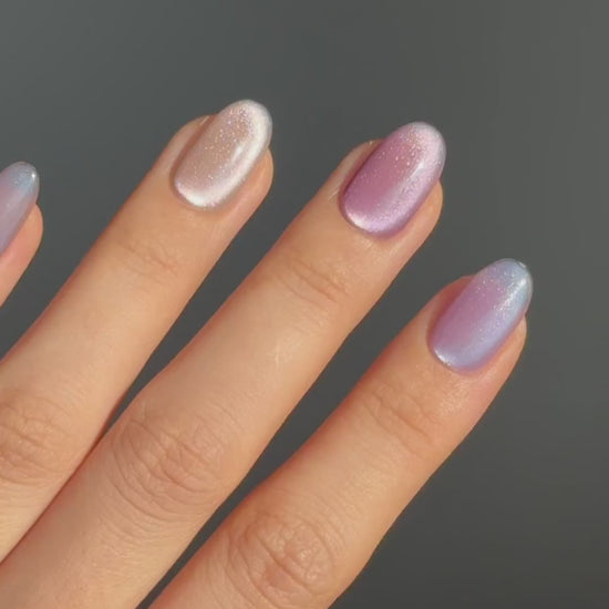 Soft Glowy Muted Purple Cat-Eye Color Combo Oval Round Press-On Nails