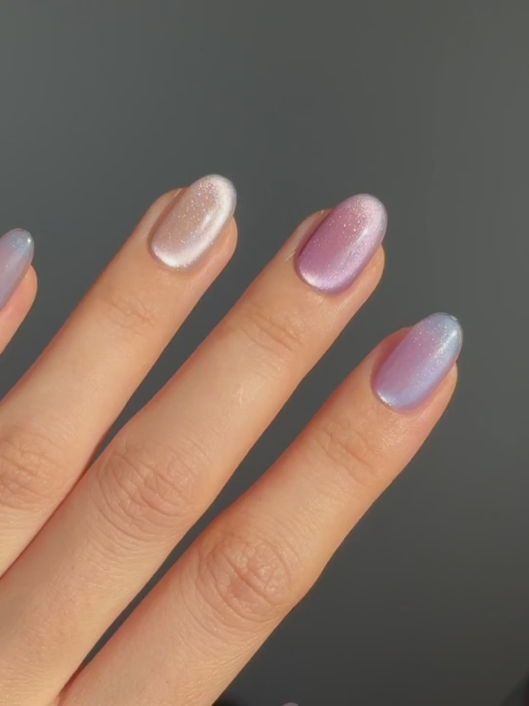 Soft Glowy Muted Purple Cat-Eye Color Combo Oval Round Press-On Nails