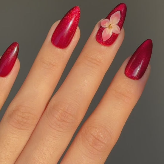 Red Cat-Eye Almond Press-Ons with 3D Gel Pink Blue Tropical Florals