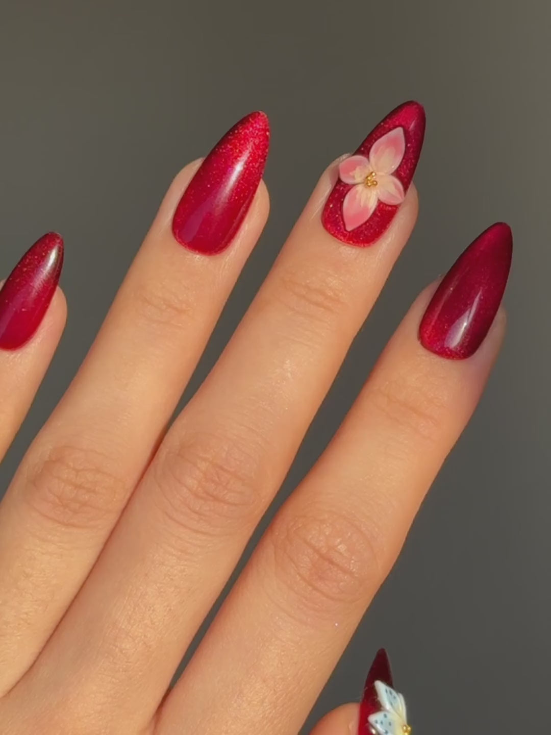 Red Cat-Eye Almond Press-Ons with 3D Gel Pink Blue Tropical Florals