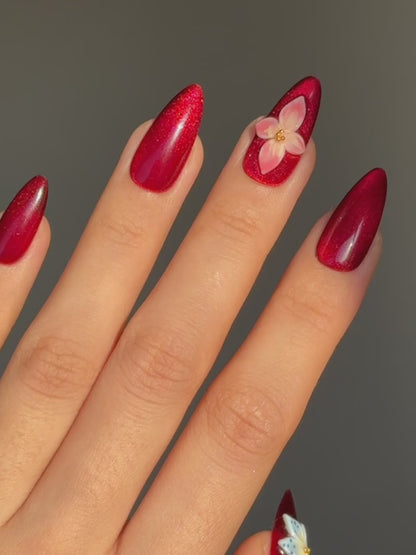 Red Cat-Eye Almond Press-Ons with 3D Gel Pink Blue Tropical Florals