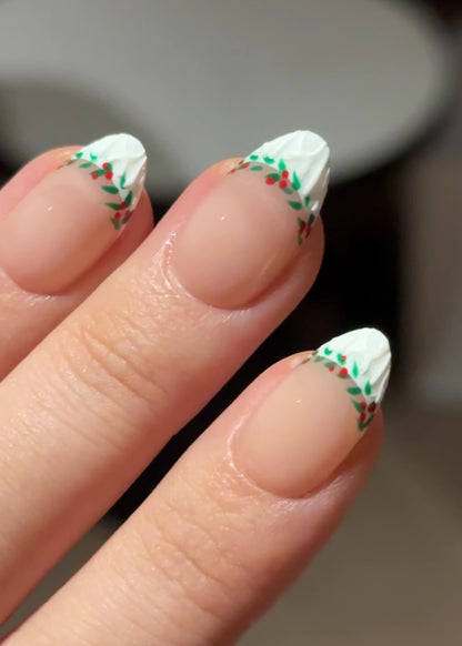 Winter Christmas Holiday Festival Holly Wreath Nude French Tip Short Almond Reusable Press-On Nails with Sweater Fabric Texture, Classy Elegant Unique Nail Art | Secure The Nails