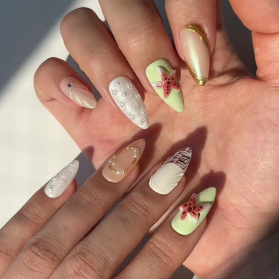 Shimmery Peach Nude Pearlescent Almond Press-On Nails with 3D Starfish, Gold Chrome and Pearls