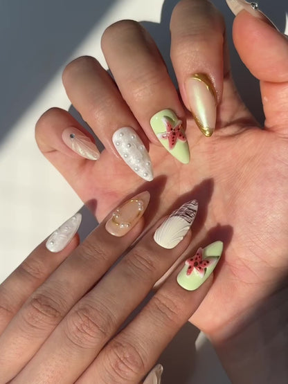 Shimmery Peach Nude Pearlescent Almond Press-On Nails with 3D Starfish, Gold Chrome and Pearls