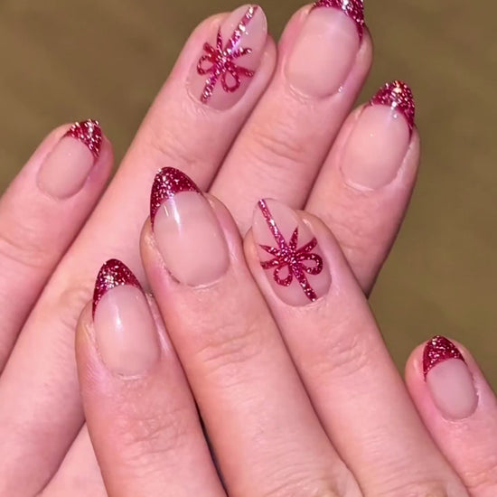 Classy Elegant Christmas Holiday Festive Short Almond Red French Tips with Gift Ribbon Bow Reusable Press-On Nails, Sparkly Reflective Glitter Gel | Secure The Nails