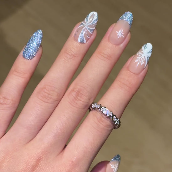 Christmas Holiday Glittery Icy Blue Snowflake Candy Cane Almond Press-On Nails, Flash Reflective Gel, Unique Cute Winter Nail Art Design | Secure The Nails