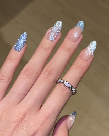 Christmas Holiday Glittery Icy Blue Snowflake Candy Cane Almond Press-On Nails, Flash Reflective Gel, Unique Cute Winter Nail Art Design | Secure The Nails