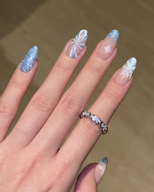 Christmas Holiday Glittery Icy Blue Snowflake Candy Cane Almond Press-On Nails, Flash Reflective Gel, Unique Cute Winter Nail Art Design | Secure The Nails