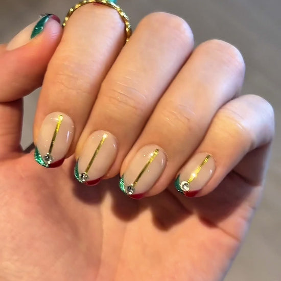 Classy Short Square Squoval Christmas Holiday Festive French Tip Reusable Press-On Nails, Unique and Elegant Winter Nail Art | Secure The Nails