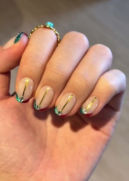 Classy Short Square Squoval Christmas Holiday Festive French Tip Reusable Press-On Nails, Unique and Elegant Winter Nail Art | Secure The Nails