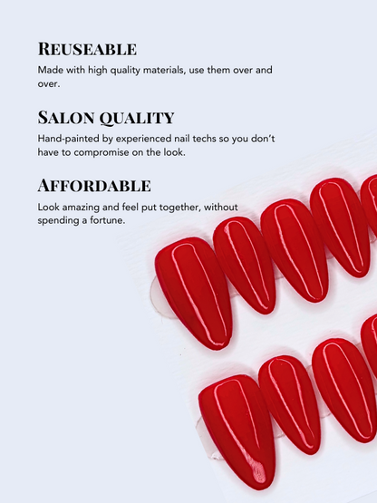 Glossy Red Almond Press-on Nails, Salon-quality and Long-lasting | Secure The Nails